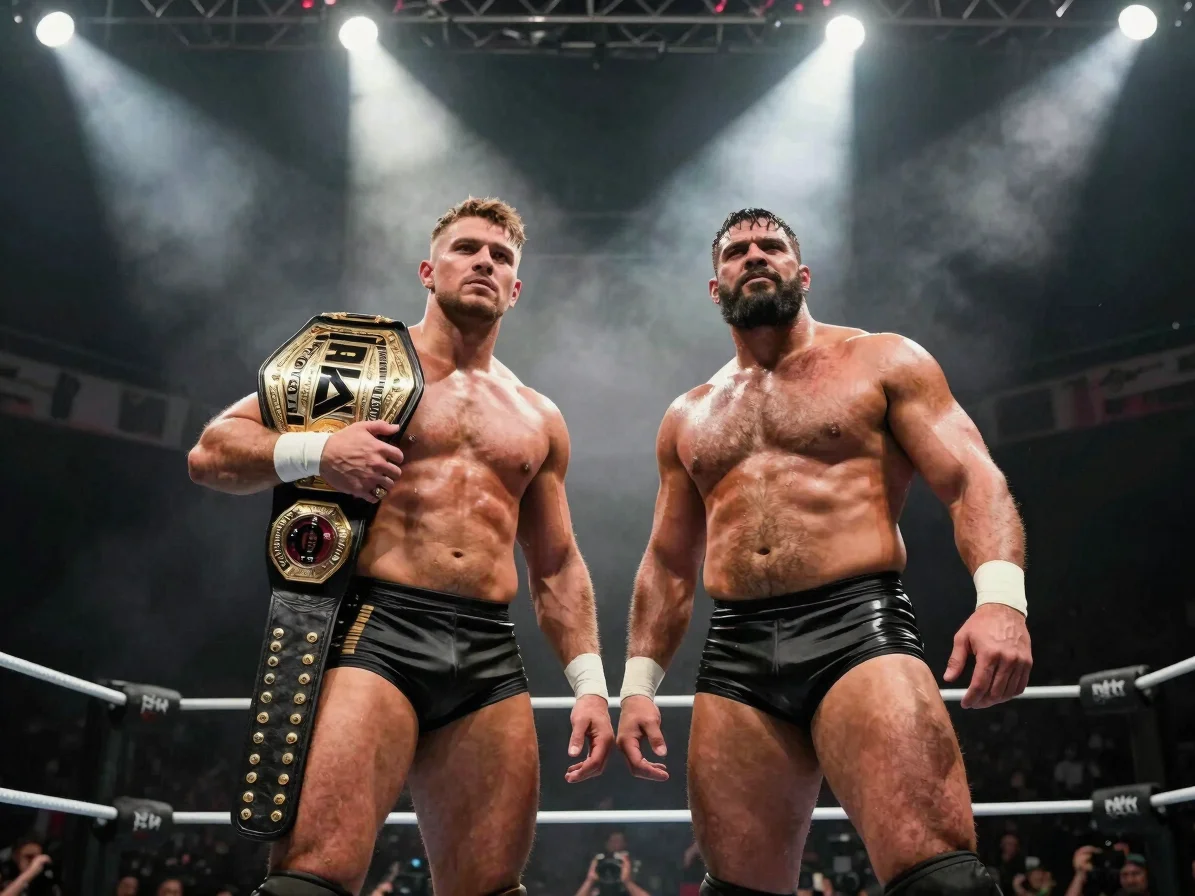 Low-angle heroic shot of two wrestlers, the Blackwire Tag Team Champions, posing with their belts side-by-side in a dark