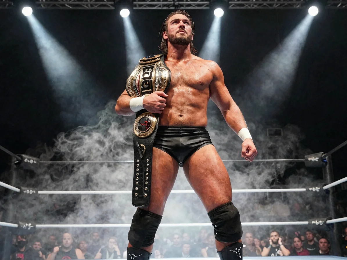 Low-angle heroic shot of a lean, agile wrestler, the Blackwire Cruiserweight Champion, holding their belt in a dynamic p