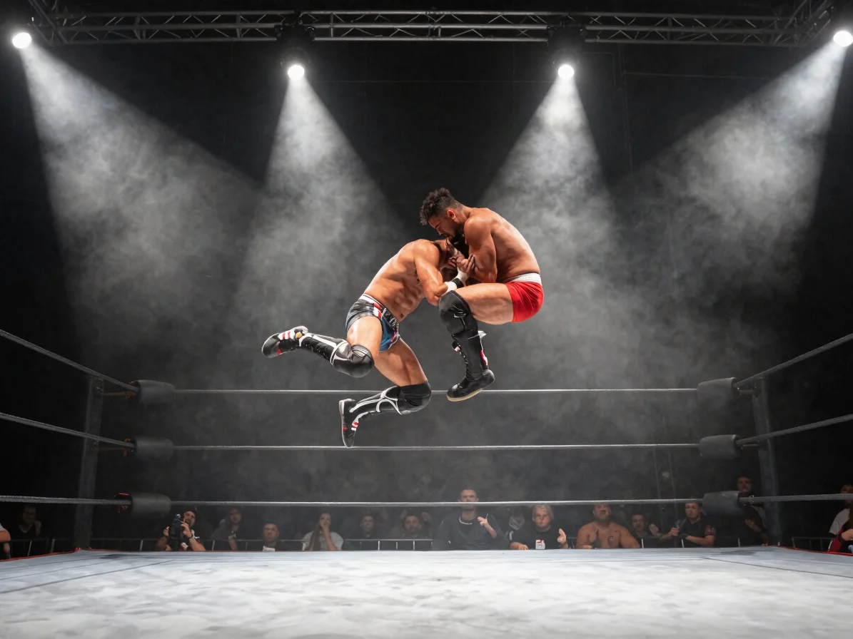 Wide shot of two wrestlers mid-air during a high-impact move in a