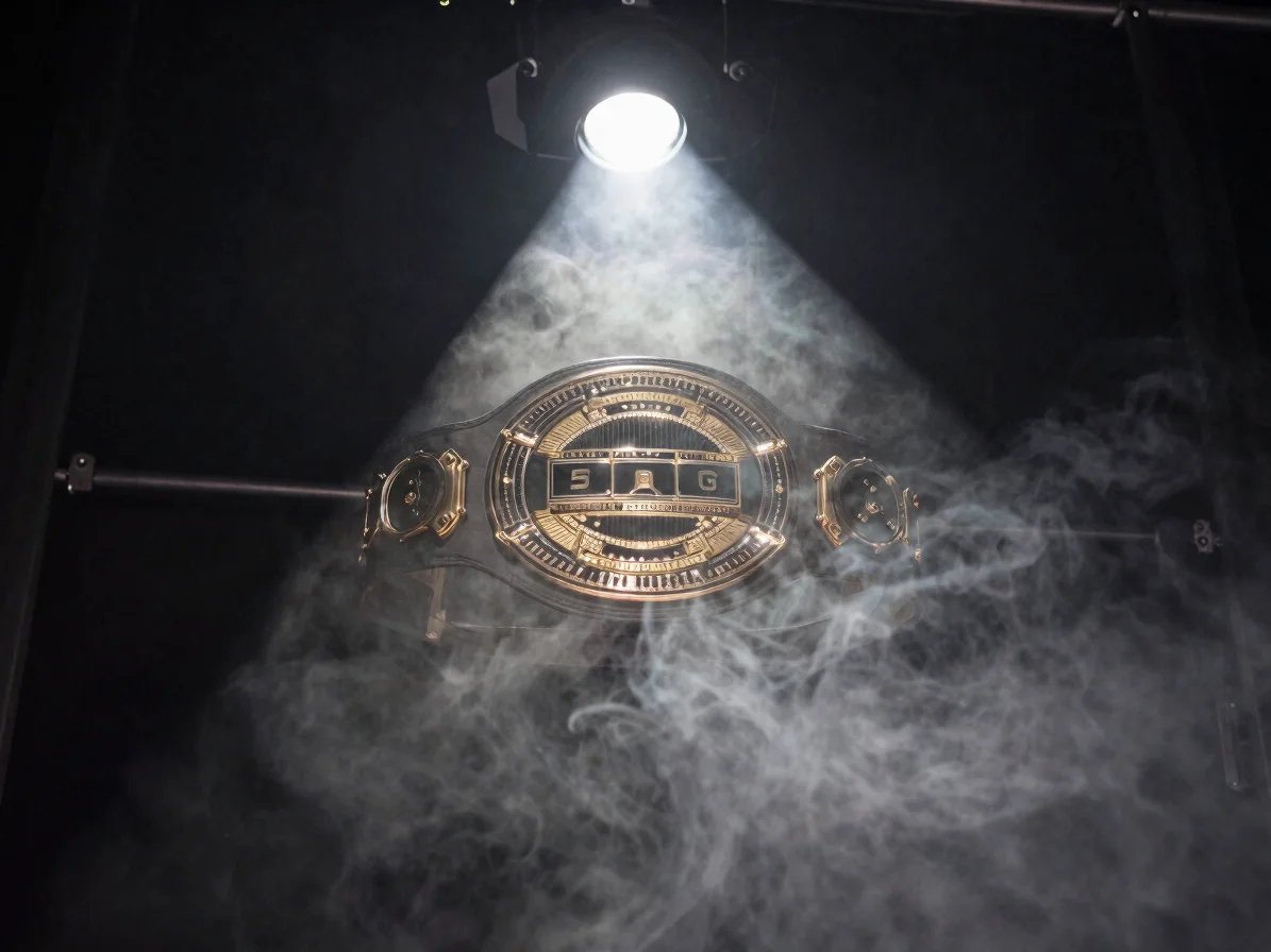 Close-up of a championship belt glowing under a single arena spot