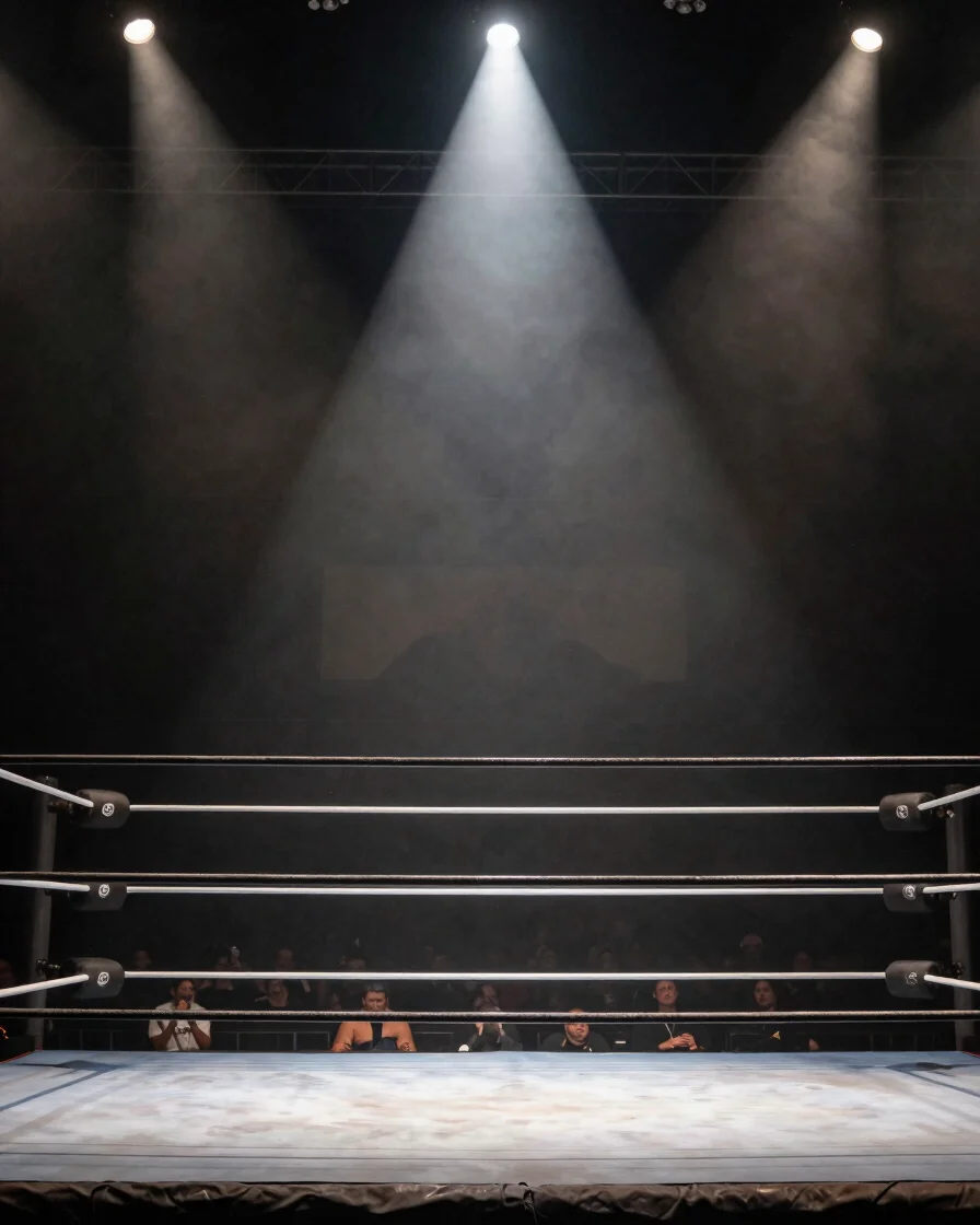 Dramatic low-angle shot of a wrestling ring, empty but lit by a single spotlight, with a faint haze in the arena. Sharp