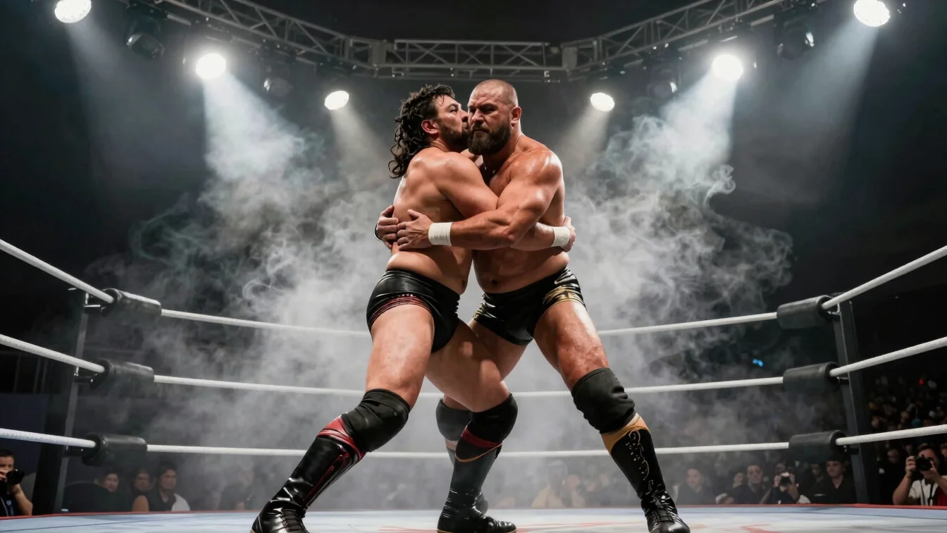 Low-angle, high-contrast shot of a powerful wrestler in mid-grapple, arena spotlights, heavy smoke, desaturated dark bac