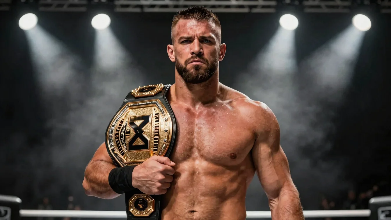 Dramatic portrait of a wrestler holding a glowing championship belt under a single arena spotlight, intense gaze, desatu