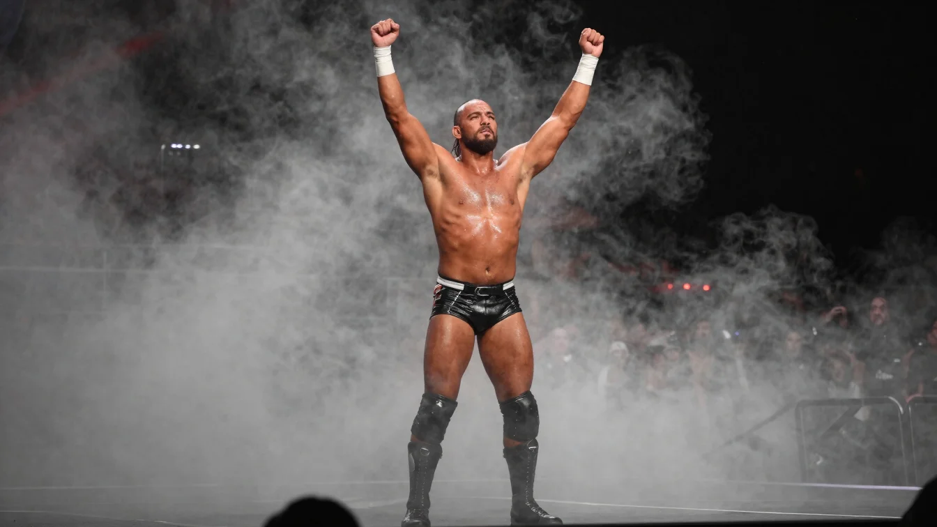 Heroic shot of a wrestler making a grand entrance through thick entrance fog, arms raised triumphantly, rim lighting, de