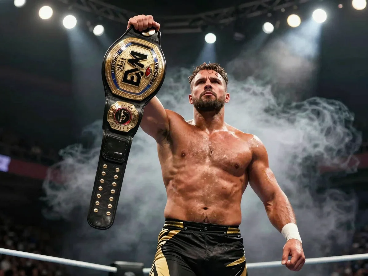 Low-angle heroic shot of a muscular wrestler in a dark arena, holding the Blackwire World Heavyweight Championship belt